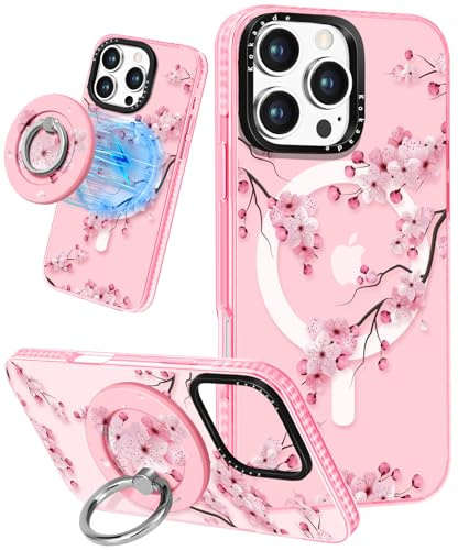 Kokaade for iPhone 16 Pro Case for Women Girls - Cute Kawaii Peach Blossom Design Compatible with Magsafe for Magnetic Ring Holder Stand Phone Cover Girly TPU Funda for iPhone 16Pro