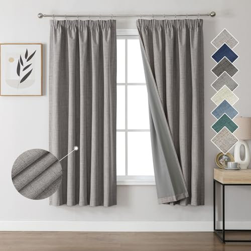 Joydeco 100% Blackout Curtains Bedroom 55 x 69 Inch Drop, Faux Linen Pencil Pleat Thermal Insulated Drapes with Coating Back Layers for Room Darkening Privacy Protection, 2 Panels, Light Grey