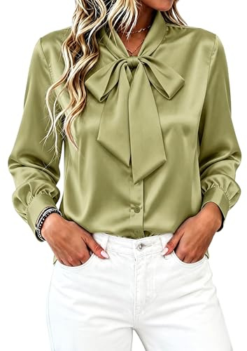 Long Sleeve Silk Blouses Elegant Bow Tie Neck Blouse Grape Green Tops for Woman Solid Dressy Casual Work Blouse Women's Satin Shirts for Breathable Prom Night Wear Blouses 2025 Fashion Grape Green S