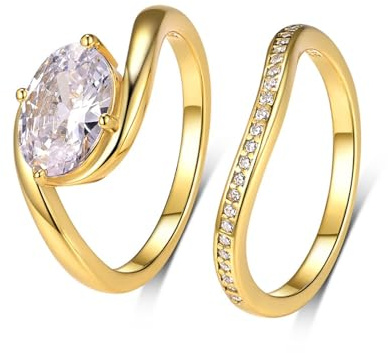 Mesnt Goldring 750 Echtgold, Frauen 18 Karat Gelbgold Gewelltes 2er-Ring-Set mit Moissanit 1,75 ct, Größe 57 (18.1)