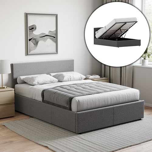 Vida Designs Veronica King Ottoman Bed Frame with Mattress | Dark Grey Linen | 82 H X 159 W x 210 D cm (5ft) | Upholstered Linen Headboard | Gas-Lift | Large Storage | Slatted Base | Premium Furniture