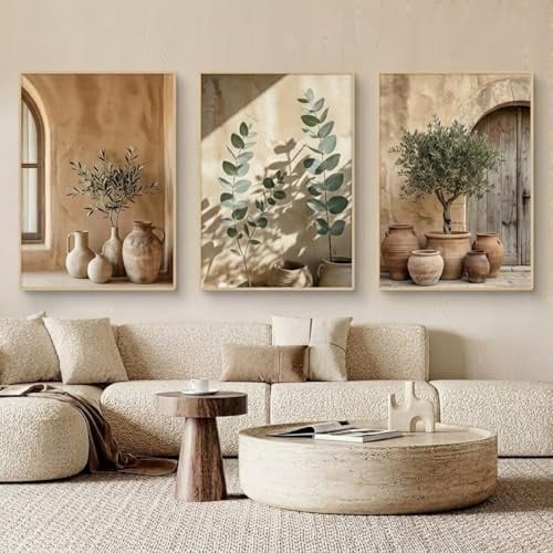 Tiuqffren 3er Set Mediterrane Wandbilder, Olivenbaum Leinwand Kunstdrucke, Boho Eukalyptus Stil Poster Set, Ohne Rahmen für Wohnzimmer Schlafzimmer (30x40cm)