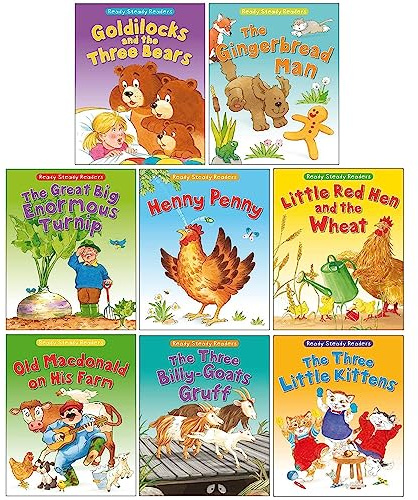 Ready Steady Readers Collection 8 Books Set By Lesley Smith (Goldilocks and the Three Bears, Gingerbread Man, Great Big Enormous Turnip, Henny Penny,Little Red Hen,Old MacDonald and his Farm & More)