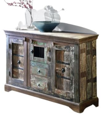 WOLF MÖBEL WOOD YOU LIKE Himalaya Kommode, 3 Türen, 2 Schubladen, 2 Einlegeböden, Eisenbeschläge, recyceltes Altholz, Massivholzmöbel, aufgebaut, Shabby chic, Mehrfarbig, Unikat, 130x50x85 cm