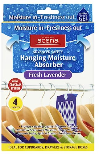 Acana Advanced Safety Hanging Moisture Absorber Traps Fresh Lavender (Pack of 4) - Dehumidifier for Damp, Mould - Moisture in your Home, Wardrobes, Bedroom, Caravan, Bathroom, Garage, Office