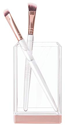 iDesign Zahnputzbecher, kleiner Badezimmer Becher aus Kunststoff, Badaccessoire zur Zahnpflege- oder Kosmetikaufbewahrung, durchsichtig und roségoldfarben, 6.4 x 6.4 x 10.199999999999999 cm