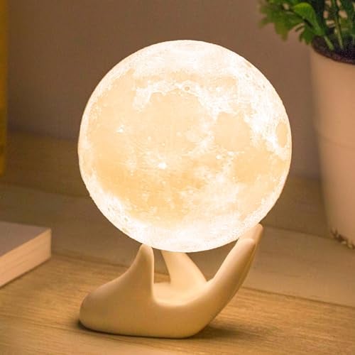 Mydethun Mondlampe 3D Moonlight 9cm mit Keramikfuß und USB wiederaufladbar, weiß & gelb Geschenke für Frauen Mädchen und Mutter, Heimdekoration