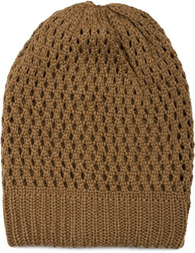 styleBREAKER Strick Beanie Mütze mit Loch Muster, Slouch Longbeanie Winter, Strickmütze, Unisex 04024139, Farbe:Cognac