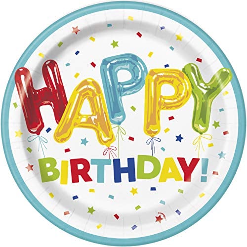 Happy Balloon Birthday Round Dinner Plates (22cm) - Vibrant Colorful Party Plates - Perfect for Memorable Celebration - 8ct