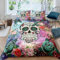 Loussiesd Single Duvet Cover Set Sugar Skull Print Bedding Set 3D Floral Bones Pattern Decorative Flowers Microfiber Polyester Comforter Cover with 2 Pillow Shams, 3 Pieces, Zipper, Watercolor
