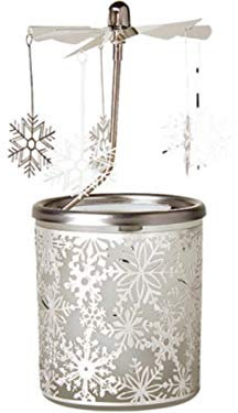 Windlicht-Karussell aus Glas mit Windspiel aus Metall - Teelichthalter mit Drehspiel (Silber) Ø 6 x Höhe 15cm (Schneeflocken)