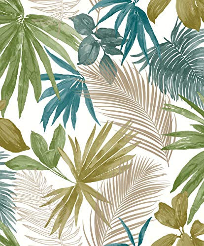 Green and gold leaves wallpaper on ivory background. Jungle Fever JF3602.