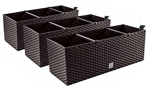 3X Blumenkasten Blumentopf Rattan-Optik - 60 x 25 x 24 cm - Pflanztopf Bewässerungssystem Balkonkasten Pflanzkästen, Umbra