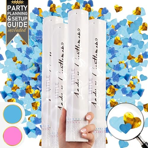 PrimePure Gender Reveal Konfettikanone – Herzförmige Konfettikanone – Blau, 4 Stück – Herz Konfetti Kanonen für Geschlechtsverkündung Baby Jungen