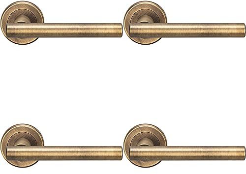 4 Pack | Pair Straight T-Bar Handle on Round Rose - Concealed Fix - Antique Brass | Door Handle Lever on Screwless Rose - Internal Door Hardware - Screws, Fixings and Spindle Included