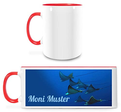 Manutextur Tasse - Motiv Rochen - Keramik - 330 ml - weiß/rot - personalisiert mit Namen