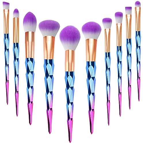 Pinselset Makeup, START MAKERS 10Pcs Premium Synthetische Make Up Pinsel Blau und Lila Farbverlauf Diamant Griff Foundation Schminkpinsel Set Professionell für Puder, Creme und Lidschatten