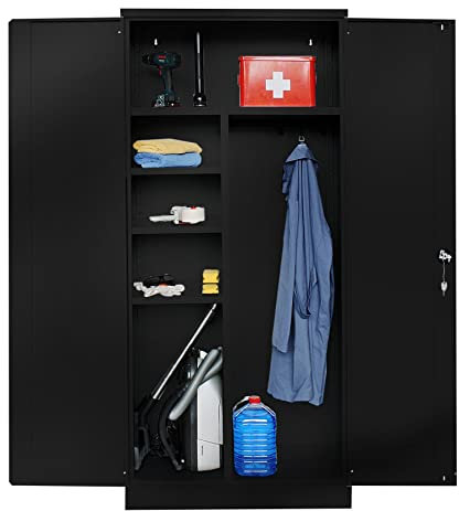 Mehrzweckschrank | Besenschrank | Spindschrank mit Hakenleiste und 6 Fächern, 195x92x42, komplett montiert, Schwarz