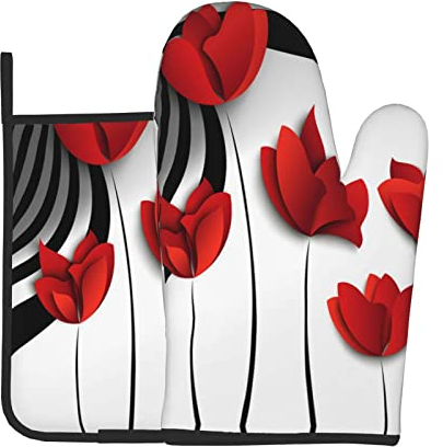 Rote Blume Vortex Spirale Ofenhandschuhe und Topflappen Sets für Küche Heiße Pads Hitzebeständig Waschbar für Theke Tisch Dekoratives Grillen Kochen Backen Grillen