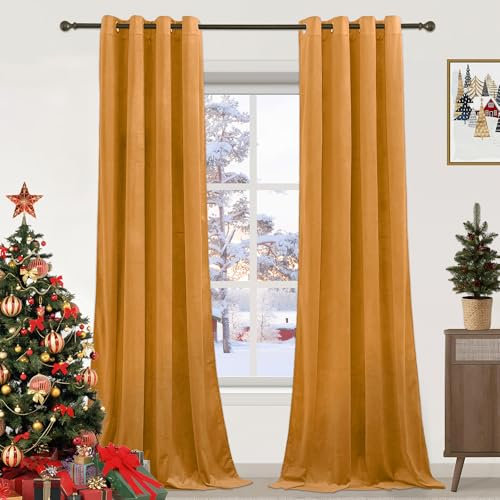 PONY DANCE Orange Gold Velvet Curtains 90 Drop - 1 Pair of Thermal Blackout Curtains for Living Room/Bedroom, Soundproof & Room Darkening Blackout Panels 52x90 Inches