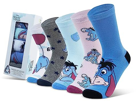 Disney Stitch Damen Socken, bunte warme Strümpfe mit Motiv, Geschenke für Frauen, Teenies, 5er-Pack (35-41 EU, Blau Eeyore)