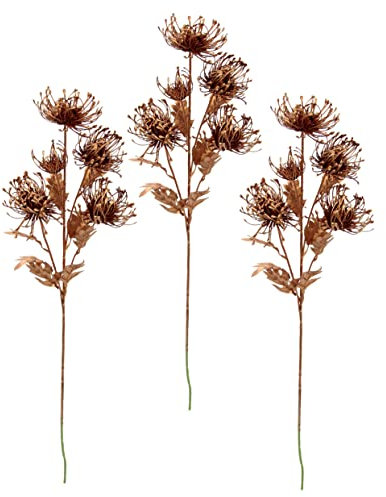 Flair Flower Künstlicher Mini Distelzweig Gold Metallic 3er Set Kunstzweig Deko Pflanze Edeldistel Zweig Einzelblume Winterblume Plastikblumen Kunstpflanze AST, Bronze, 75x14x10 cm, 021136BRO