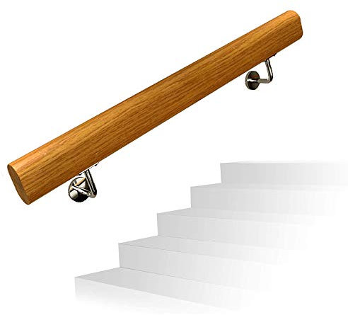 ZAKSEM Pasamanos de Madera para Escaleras de 3 Metros, Mano de Barandilla de Madera de Seguridad para Niños Mayores, Barandilla de Escalera Antideslizante con Soporte de Acero Inoxidable