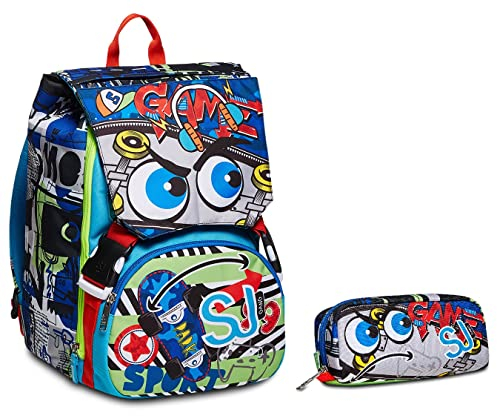SJ Gang Faces Ausziehbarer Rucksack, Blau, Schule & Freizeit Face Stifthalter, blau, Schule & Freizeit
