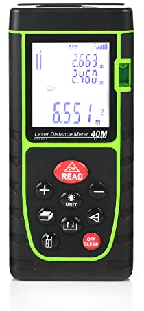 BOWONG Laser Distance Meter 40m, Portable Handle Digital Measure Tool Range Finder with Bubble Level and Large Backlit LCD 4 Line Display(40m/131ft)