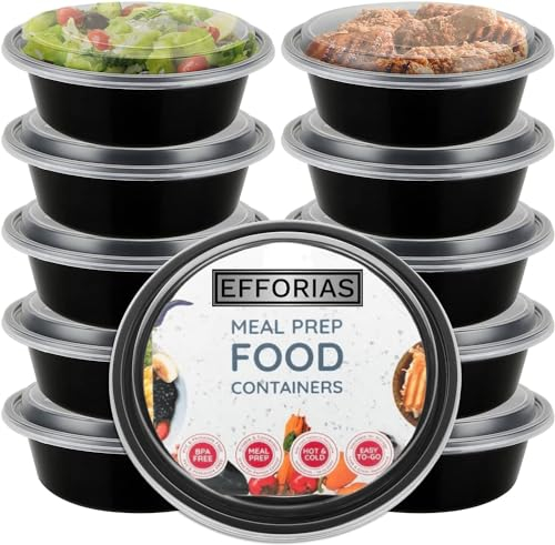 Efforias (10 Pack, 32oz) Round Plastic Meal Prep Containers - Reusable BPA Free Food Containers with Airtight Lids - Microwavable, Freezer and Dishwasher Safe
