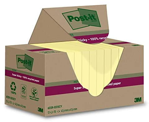 Post-it Self-Stick Note, Notebook, 12 Pads x 70 Sheets each, 47.6 mm x 47.6 mm, Canary Yellow, Extra Sticky, 100% Recycled