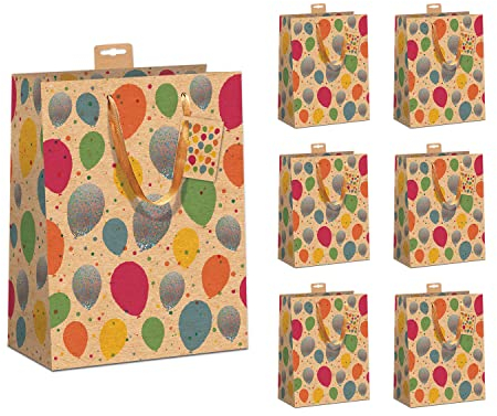PremiumLine Geschenktaschen 6 Stück edle Geschenktüten Papier Tragetasche aus robustem Kraftkarton DIN A5 Geburtstag Geschenkbeutel Medium 18x23x10cm mit farbiger Kordel und Anhänger
