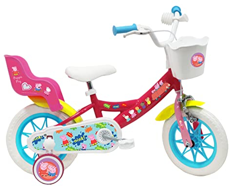 Vélo ATLAS Mädchen Peppa Pig Fahrrad 12 Zoll mit 1 Bremse, Korb Vorne, Puppentür Hinten, Schmutzschutz, Gehäuse und Stabilisatoren, Puppenträger, Schmutzfänger, Fuchsia, 12''