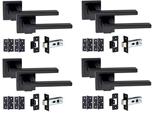 Golden Grace Zeta Door Handle Latch Set, Matt Black, 4 Sets | Complete with matching spindles, screws, 64mm tubular latches, and 3-inch ball bearing hinges for quick installation.
