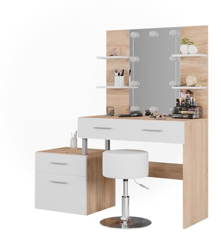 Vicco Schminktisch Maria, Weiß/Sonoma/Sonoma, 132 cm mit LED Beleuchtung und Hocker