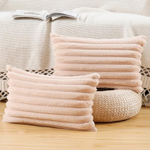 Madizz 2er Set Kunstpelz Plüsch Dekorative Kissenbezüge Flauschig Gestreifte Weich Dekorative Kissenbezug für Sofa Schlafzimmer Kissen Shell Hellbraun 30 x 50 cm