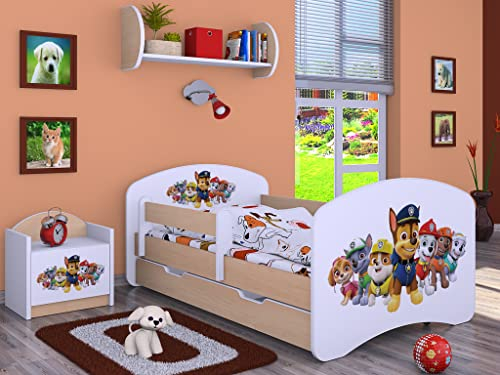 BDW Kinderbett Super Hunde - Babybett mit Matratze und Schublade - Bequem und Langlebig Rausfallschutz Bett - Kinderzimmer - Leichte Birne (Motiv 3) - 160x80