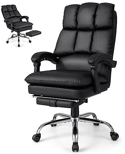 COSTWAY PU Leather Office Chair, Height Adjustable Reclining Computer Desk Chairs with Retractable Footrest and Armrests, Ergonomic Rolling Swivel Executive Chair (Black, 74 x 74 x 113-121 cm)
