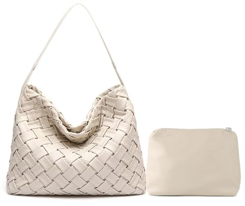 JINMANXUE Frauen Boston Tasche Gewebte Vegane Leder Handtaschen Weibliche Satchel Messenger Bag Mode Schulter Crossbody Tasche Casual Hobo, B-Reis Weiß