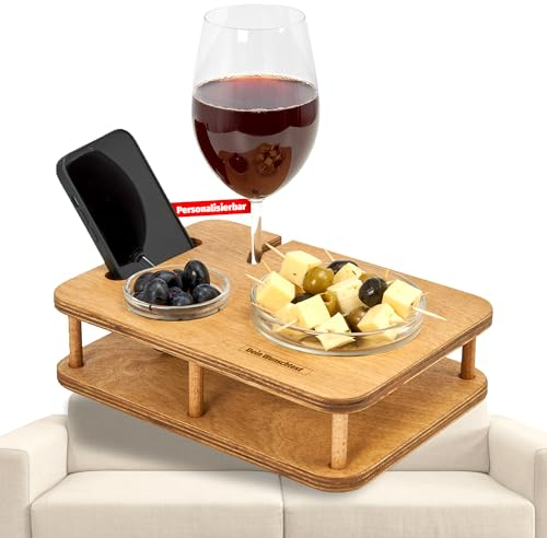 Couchbar Weinbar YOLO mit 2 Glasschalen - Couchbar Snackbox Personalisiert - Sofa Butler für Snacks & Weinglas [stabil & sicher] - Couch Butler inkl. Weinglashalter - Snackbar Sofa - Couch Tablett