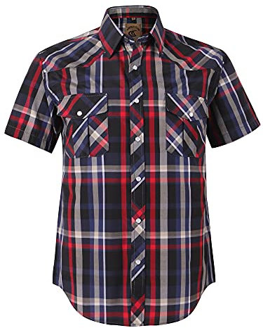 COEVALS CLUB Mens Shirts Short Sleeve Casual Push Button Plaid Suit Regular Fit Western Cowboy Pearl Snap Two Pockets Work Derss Button Up Shirts (Red Black #6 L)
