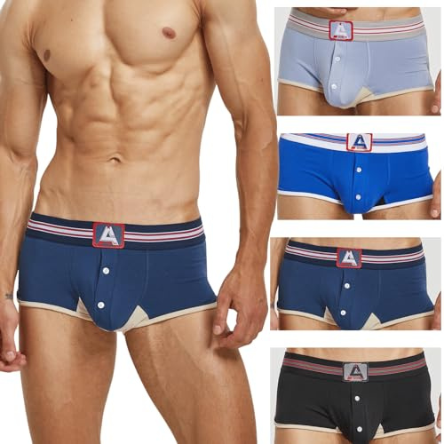 BEEMEN SEOBEAN Herren Boxershorts Low Rise Baumwolle Casual Männer Unterhose Retroshorts Trunks 4er Pack Schwarz, Dunkelblau, Hellblau, Lila M