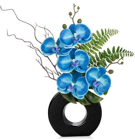 Briful Blaue Orchidee mit schwarzer Vase, 40,6 cm, künstliche Orchidee, Seidenblumen, Kunstorchideen-Arrangement für Zuhause, Büro, Zimmer, Tischdekoration, moderne Dekoration