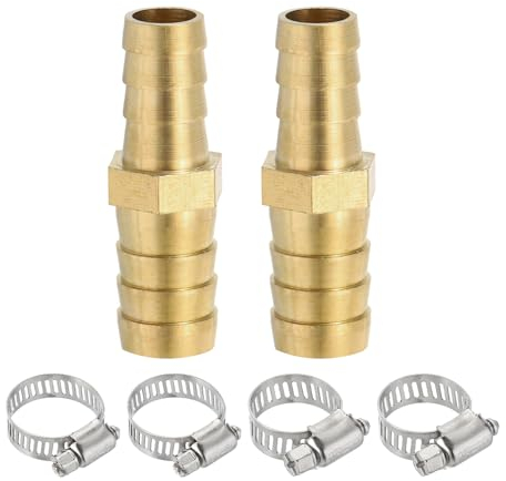 PATIKIL 3/8 to 1/2 Brass Hose Barb Reducer, 2Pcs Barbed Hose Fittings with 4 Stainless Steel Clamps Reducing Splicer Mender Union Adapter for Air Water Fuel