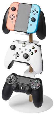 YAMAZAKI Home Tower Universal Game Controller Stand – Adjustable 4-Tier Holder For Controllers & Headsets - Steel + Wood