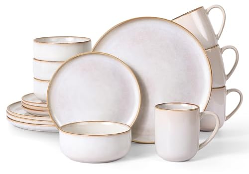 Homikit Dinner Set for 4, 16-Piece Reactive Glaze Kitchen Dinnerware Sets, Elegant Stoneware Included Plates Bowls and Mugs, Non-Scratch & Sturdy, Dishwasher & Microwave Safe, Cappuccino Beige