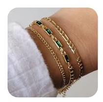 Krfy 3 Stück Armband Damen Gold 14 K Edelstahl Armband Damen Charm Armband Gold Wasserfest Modeschmuck Armkette Damen Gold Grüner Zirkon Armband Set