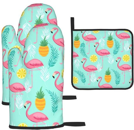 Set di guanti da forno con stampa fenicottero rosso, set di presine e presine, per la primavera/estate, per cucinare e barbecue