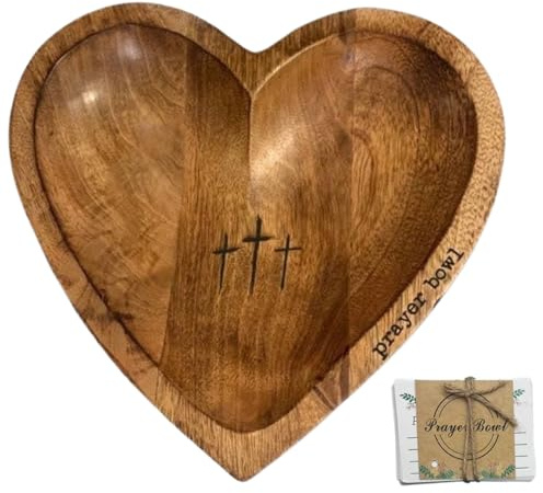 Pesoncarl Prayer Bowls, Prayer Bowl with Card Heart Shaped Religious Christian Prayer Bowl Wooden with Cross Carving 9x9 Inch Decorative Bowl Congregation Gifts