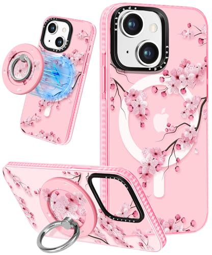 Kokaade for iPhone 15 Plus Case for Women Girls - Cute Kawaii Peach Blossom Design Compatible with Magsafe for Magnetic Ring Holder Stand Phone Cover Girly TPU Funda for iPhone 15Plus